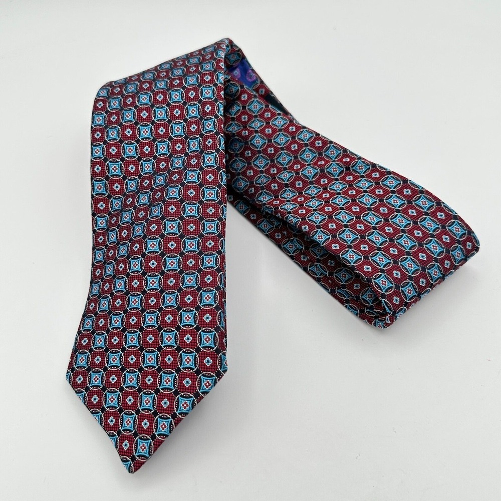 Ted Baker Silk Tie Red Blue Geometric Floral Wedding Formal Church Office Luxury